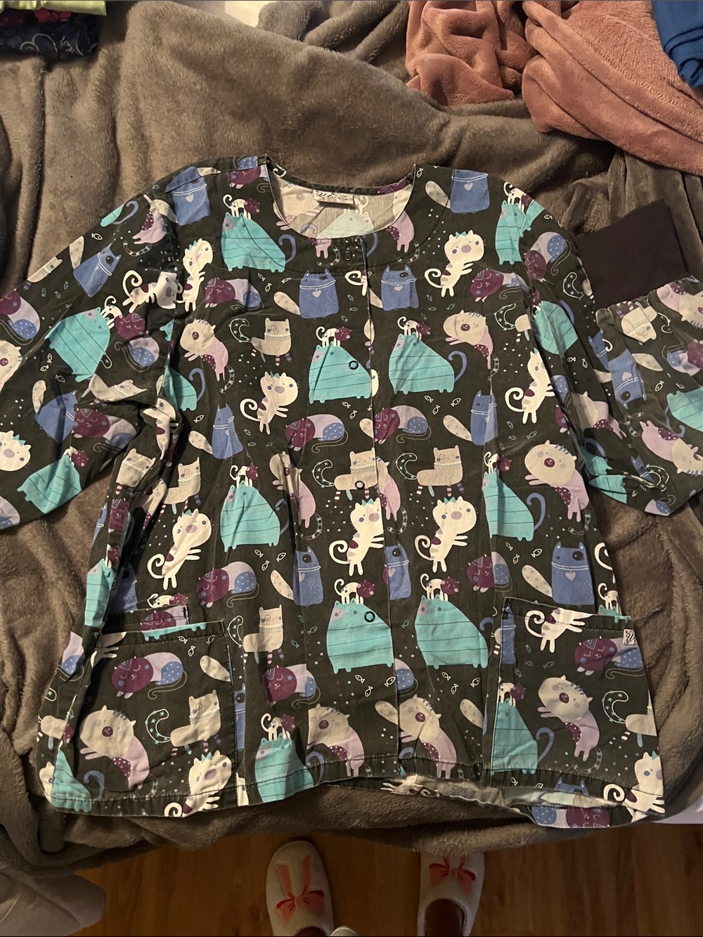 Women’s Cat Print long sleeve scrub Top - Black with Teal & Purple